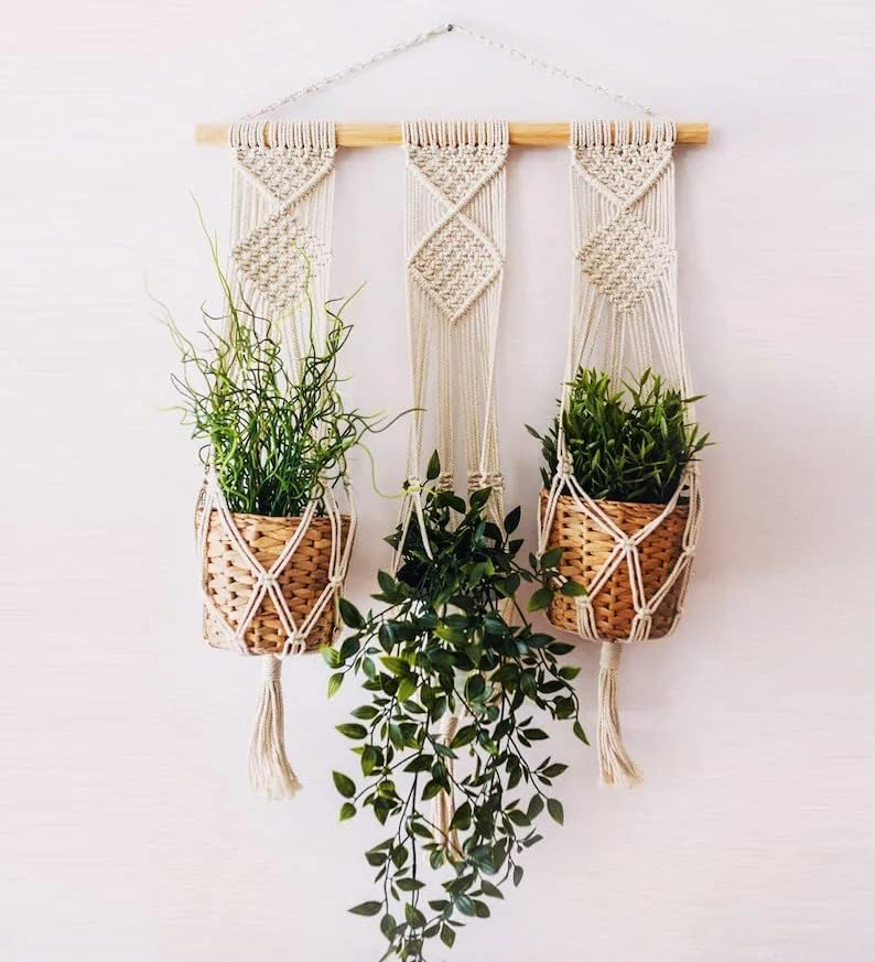 Triple Macrame Plant Hanger - Boho Hanging Wall Planter - Indoor Decor