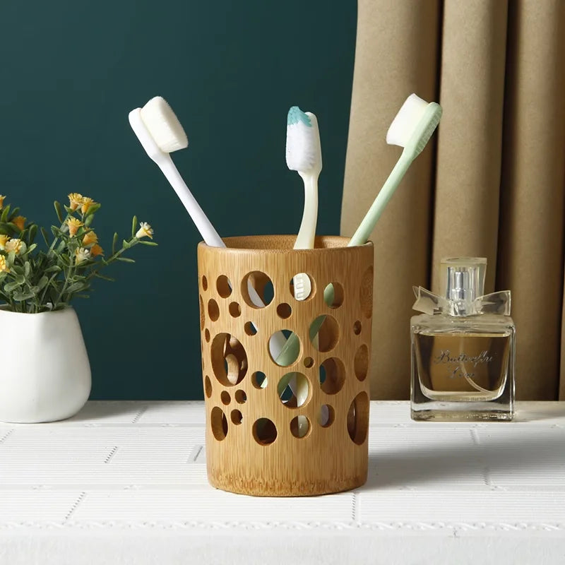 Bamboo Toothbrush Holder Cup – Natural Countertop Organizer
