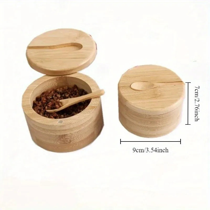 Bamboo Condiment Box with Spoon – Eco Storage Jar (9x9x7cm)