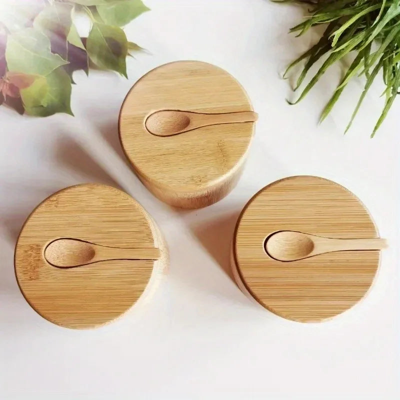 Bamboo Condiment Box with Spoon – Eco Storage Jar (9x9x7cm)
