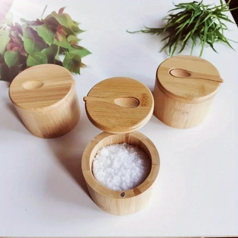 Bamboo Condiment Box with Spoon – Eco Storage Jar (9x9x7cm)