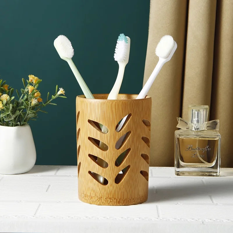 Bamboo Toothbrush Holder Cup – Natural Countertop Organizer