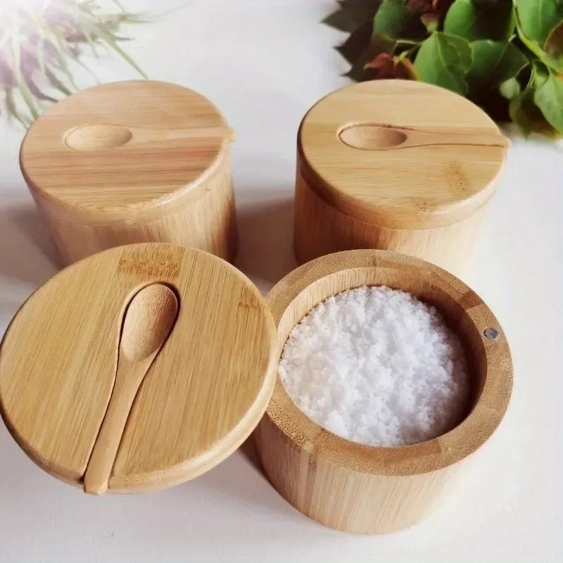 Bamboo Condiment Box with Spoon – Eco Storage Jar (9x9x7cm)